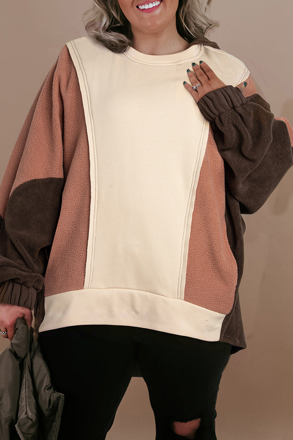 *Brown Exposed Seam Colorblock Plus Size Hoodie