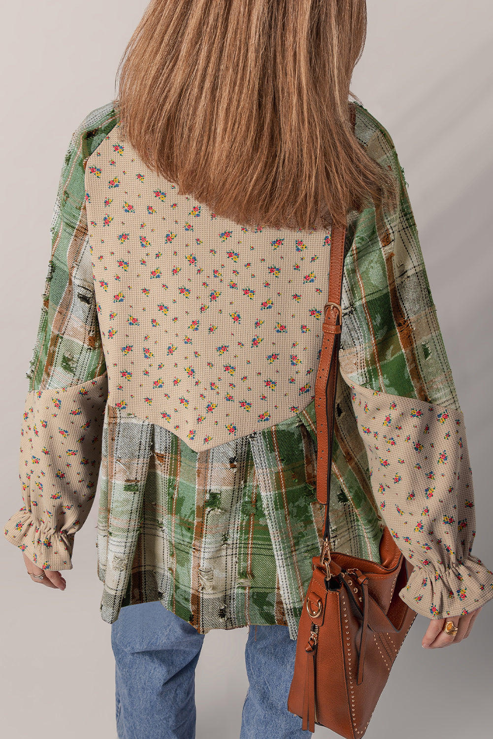 *Oatmeal Boho Floral Plaid Patchwork Distressed Detail Ruffled Sleeve Waffle Knit Shacket