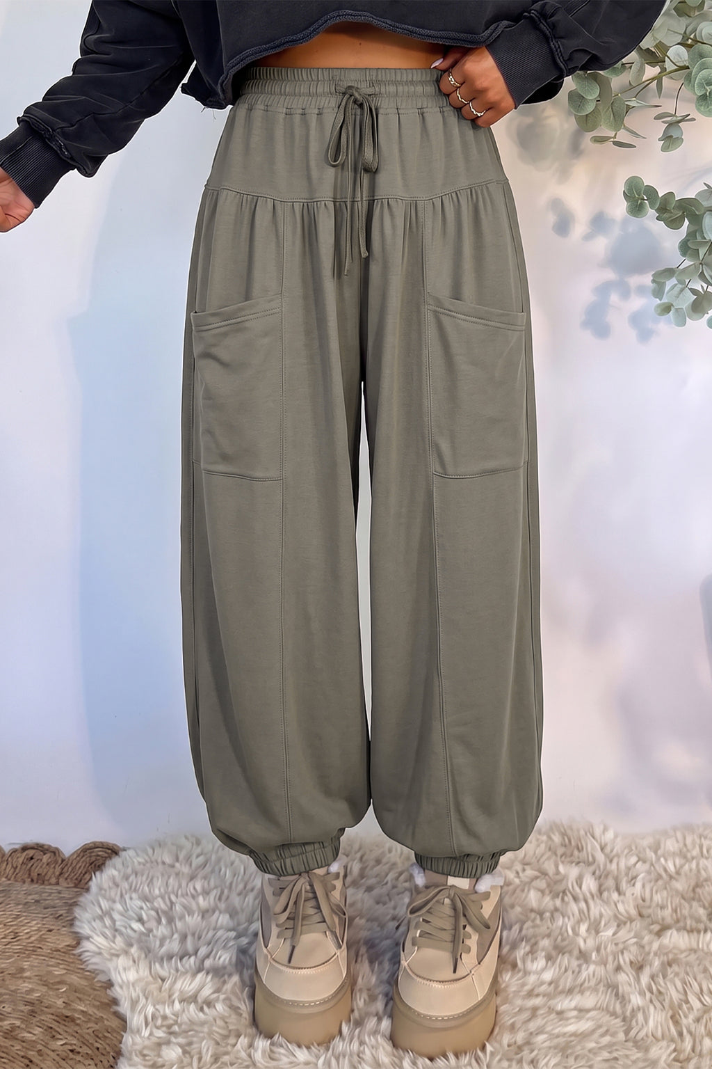 *Seagrass Elastic Waist Drawstring Wide Leg Full Length Pants
