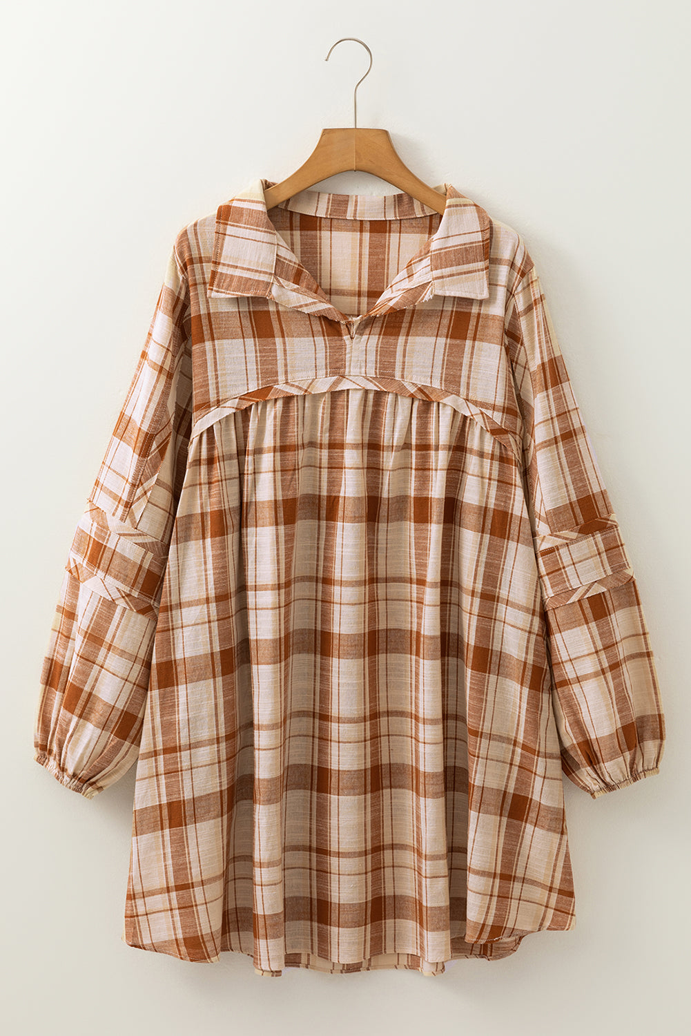 *Brown Plaid Print Side Pockets Frilled Babydoll Mini Dress