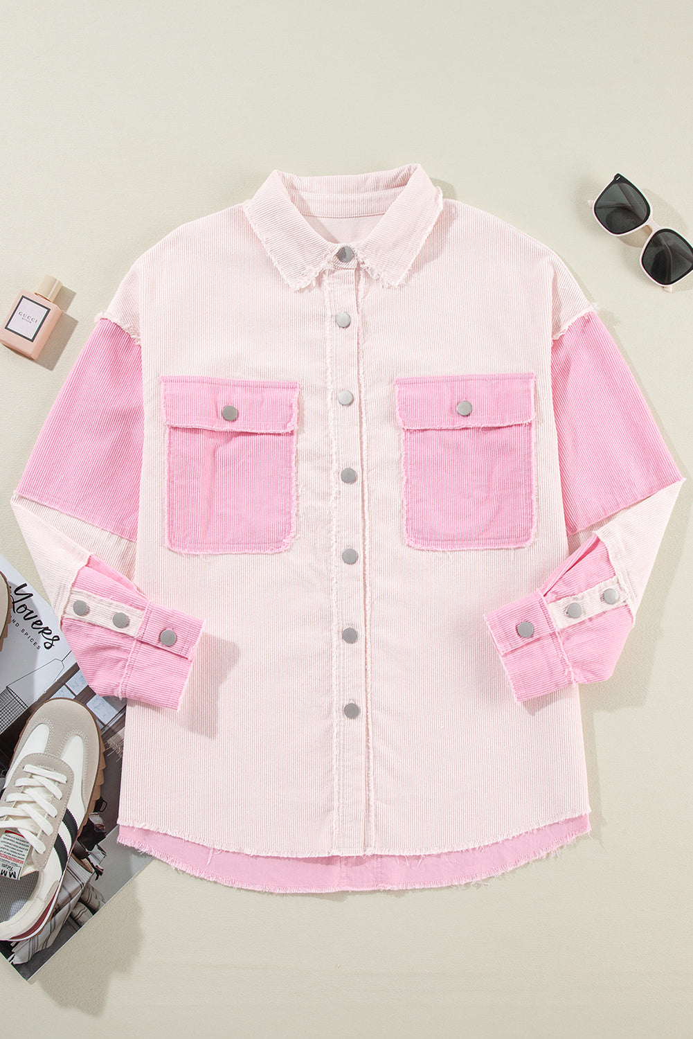 *Delicacy Two-tone Color Exposed Seam Corduroy Shacket