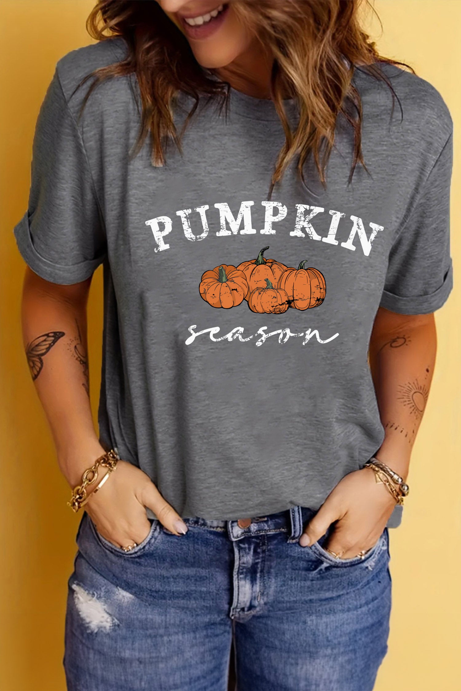 *Gray Pumpkin Season Graphic Round Neck Short Sleeve T-Shirt