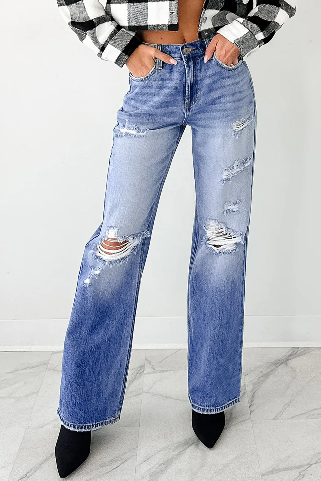 *Myosotis Mid Rise Distressed Sneak Peek Straight Leg Jeans