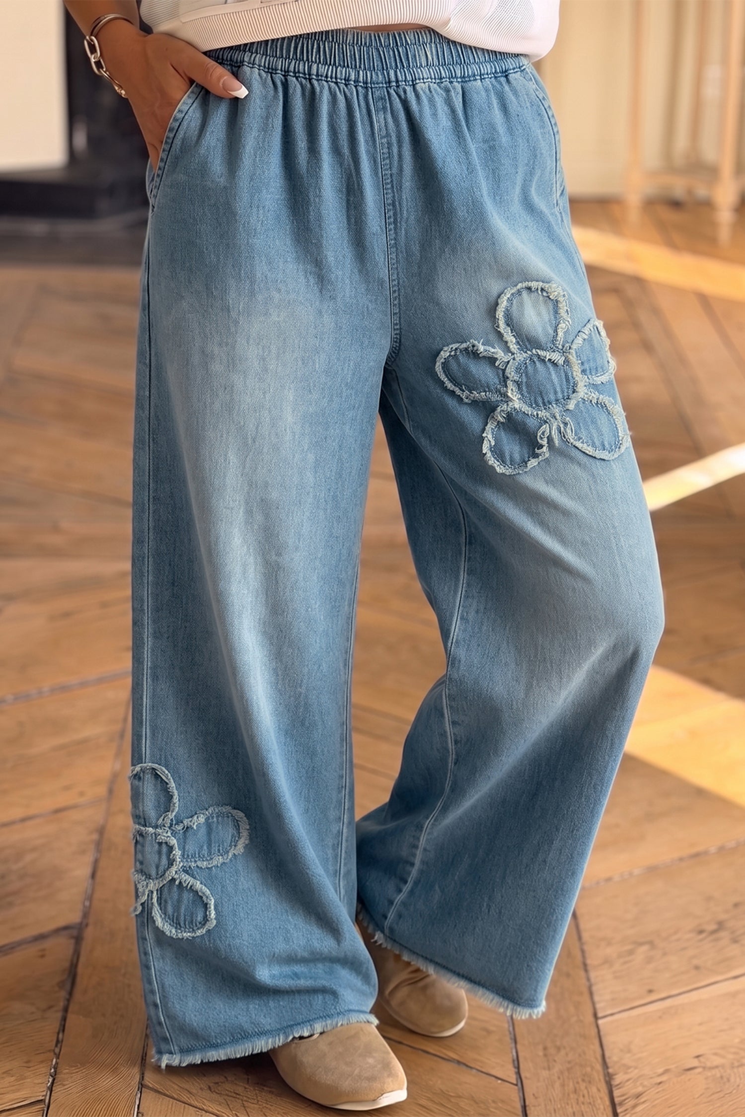 *Beau Blue Frayed Floral Patch Wide Leg Raw Hem Wide Leg Jeans