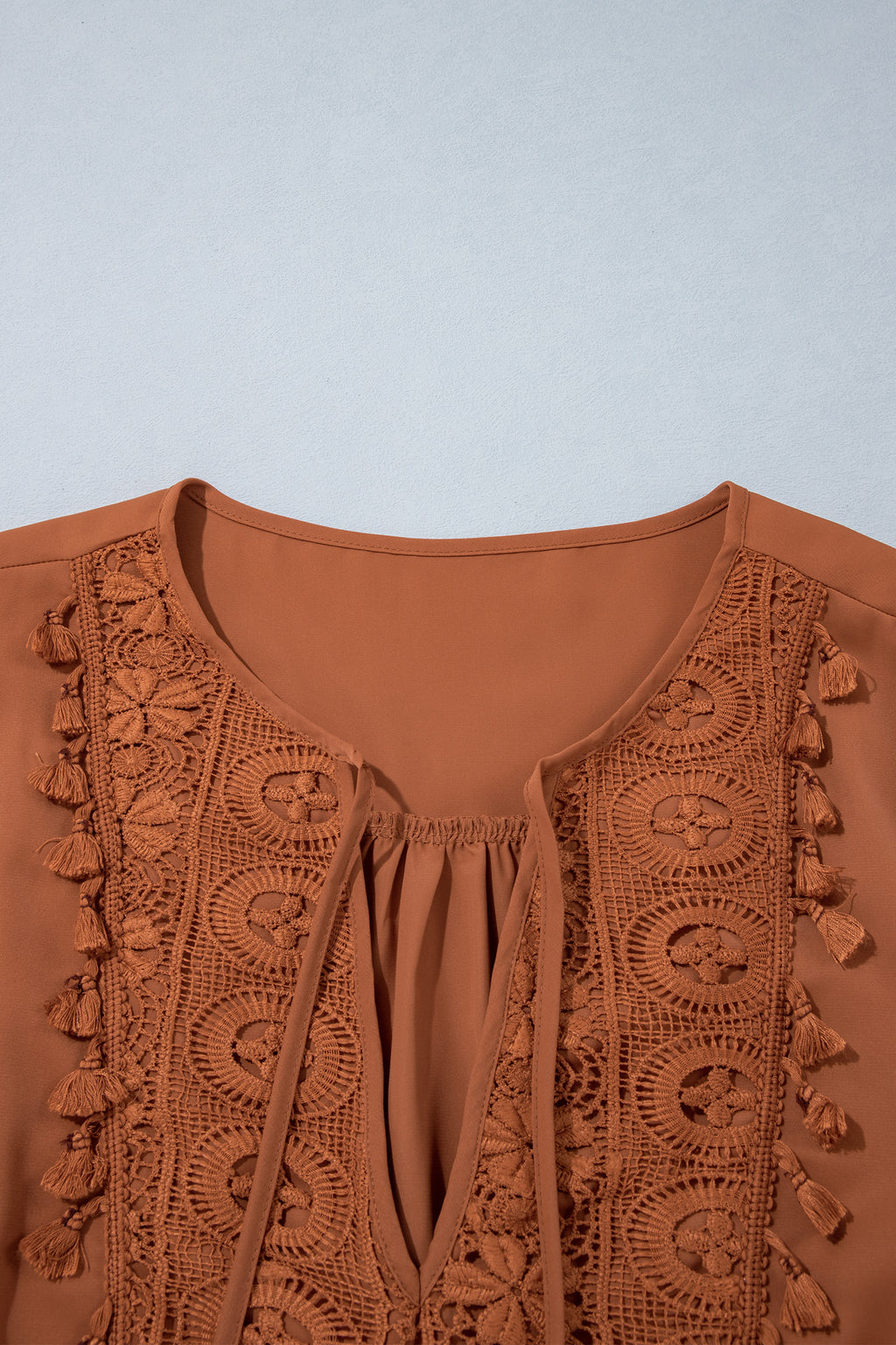 *Chestnut Boho V Neck Embroidered Tassel Long Sleeve Plus Size Blouse