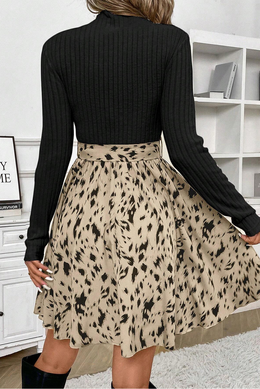 *Black Ribbed Knit Patchwork Printed Belted A-line Dress