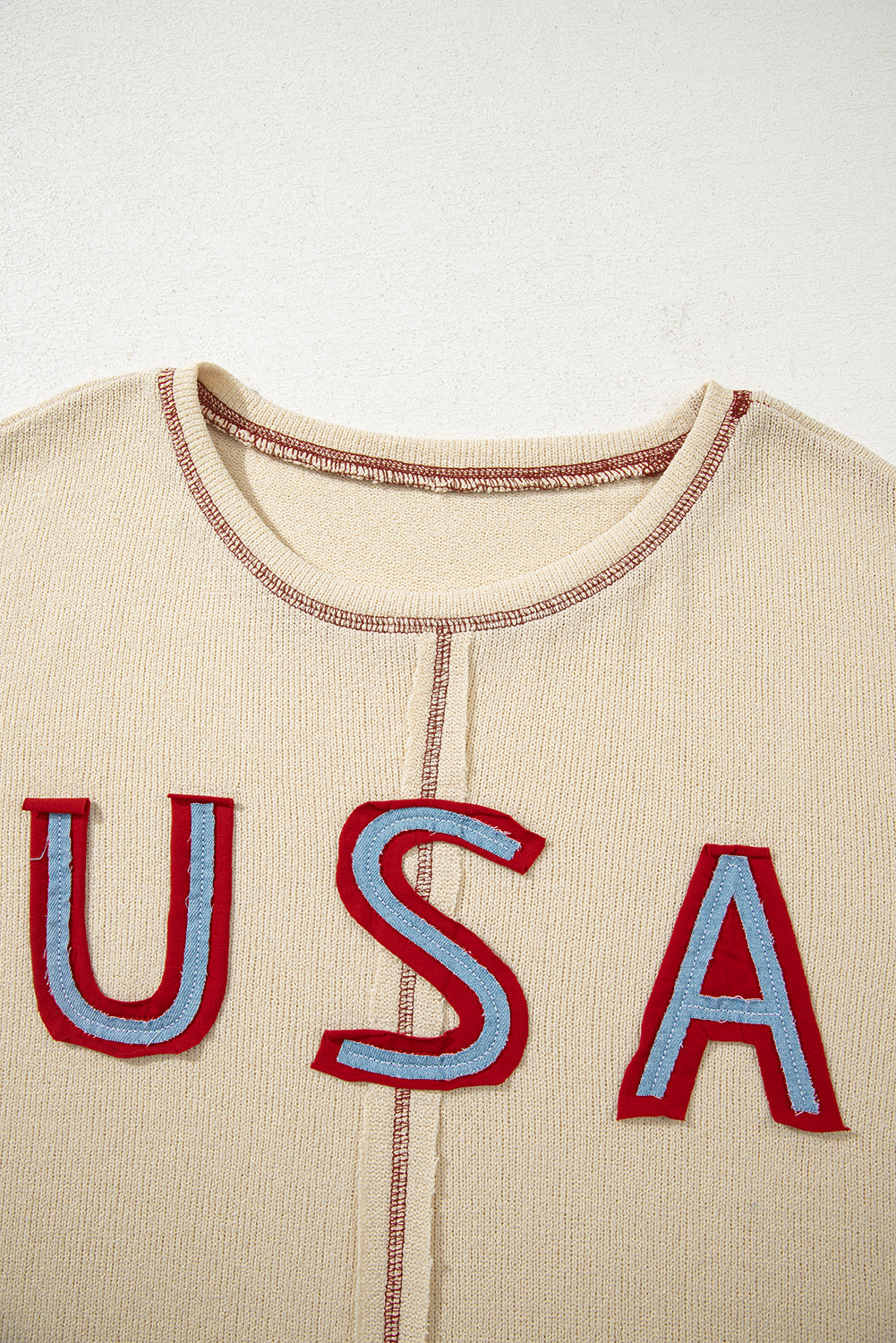 *Beige USA Star Contrast Patchwork Exposed Seam Long Sleeve Top