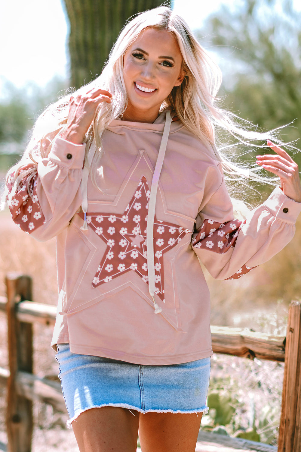 *Apricot Floral Patchwork Star Pattern Drawstring Hoodie