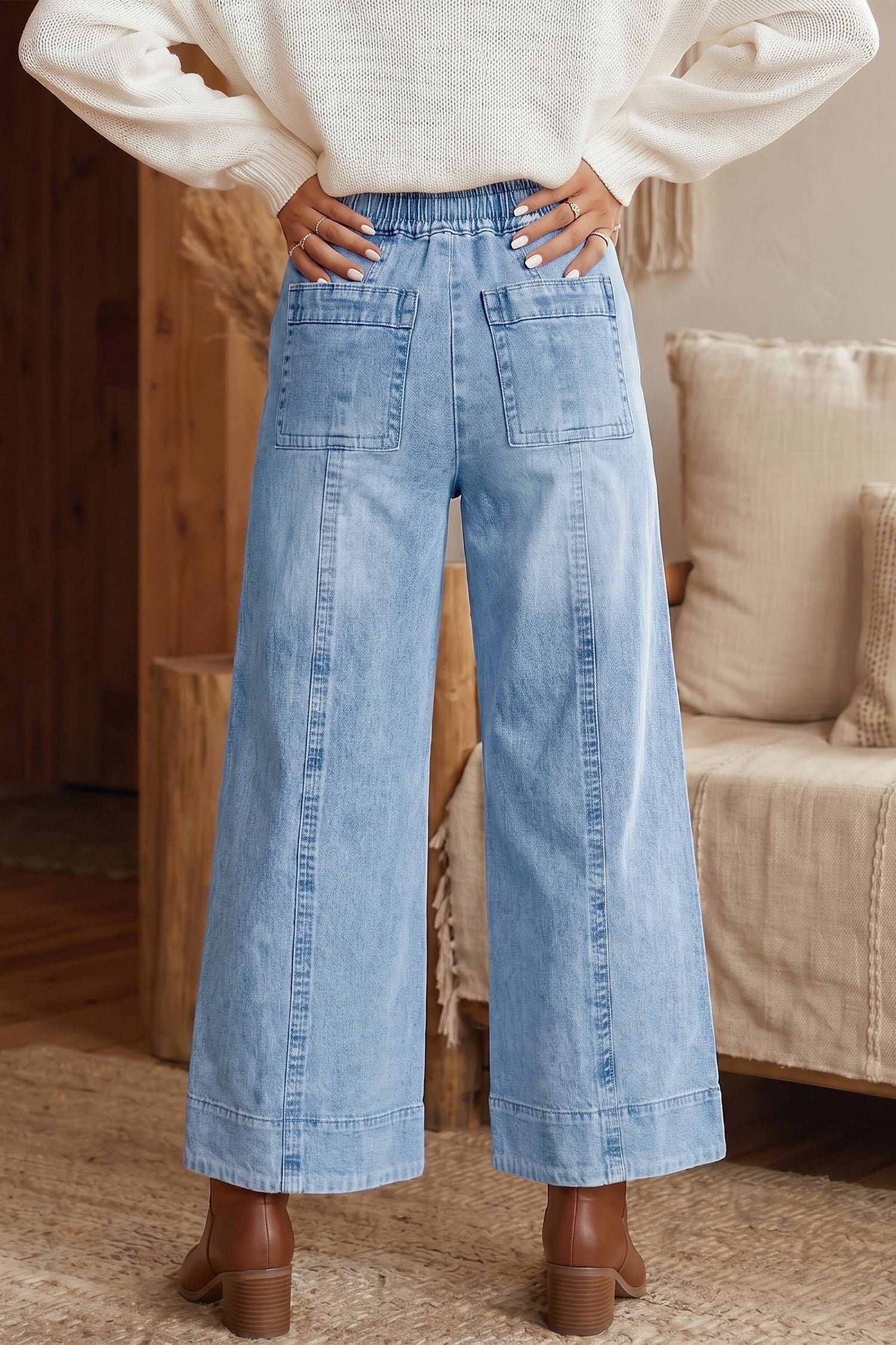 *Beau Blue Drawstring Waist Wide Leg Ankle Length Jeans