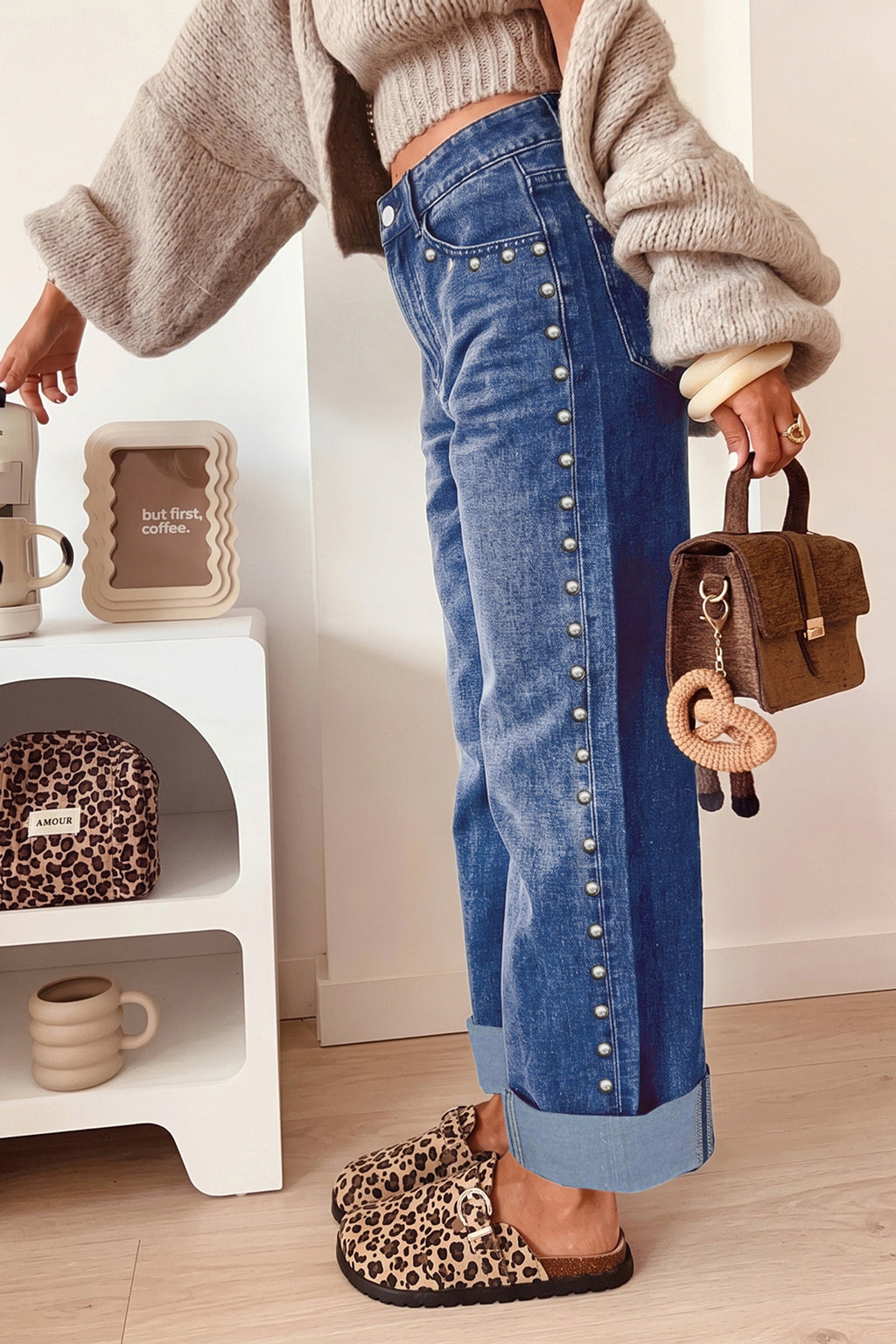 *Navy Blue Studded Detail Straight Leg Casual Loose Jeans