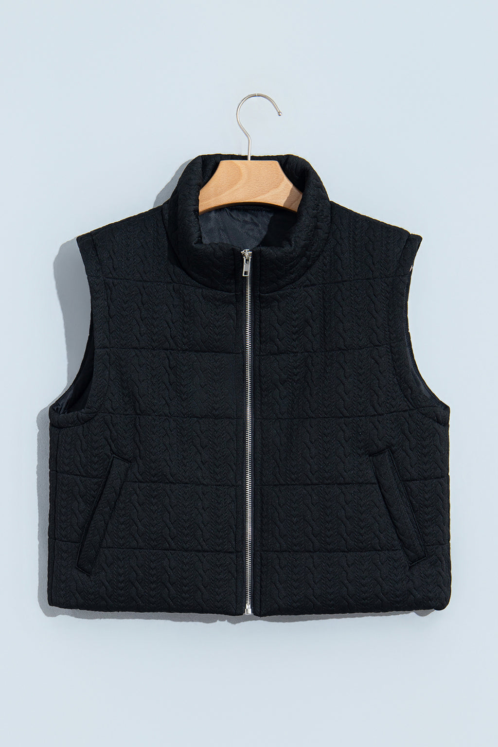 *Black Textured Quilted Stand Neck Zipper Winter Vest