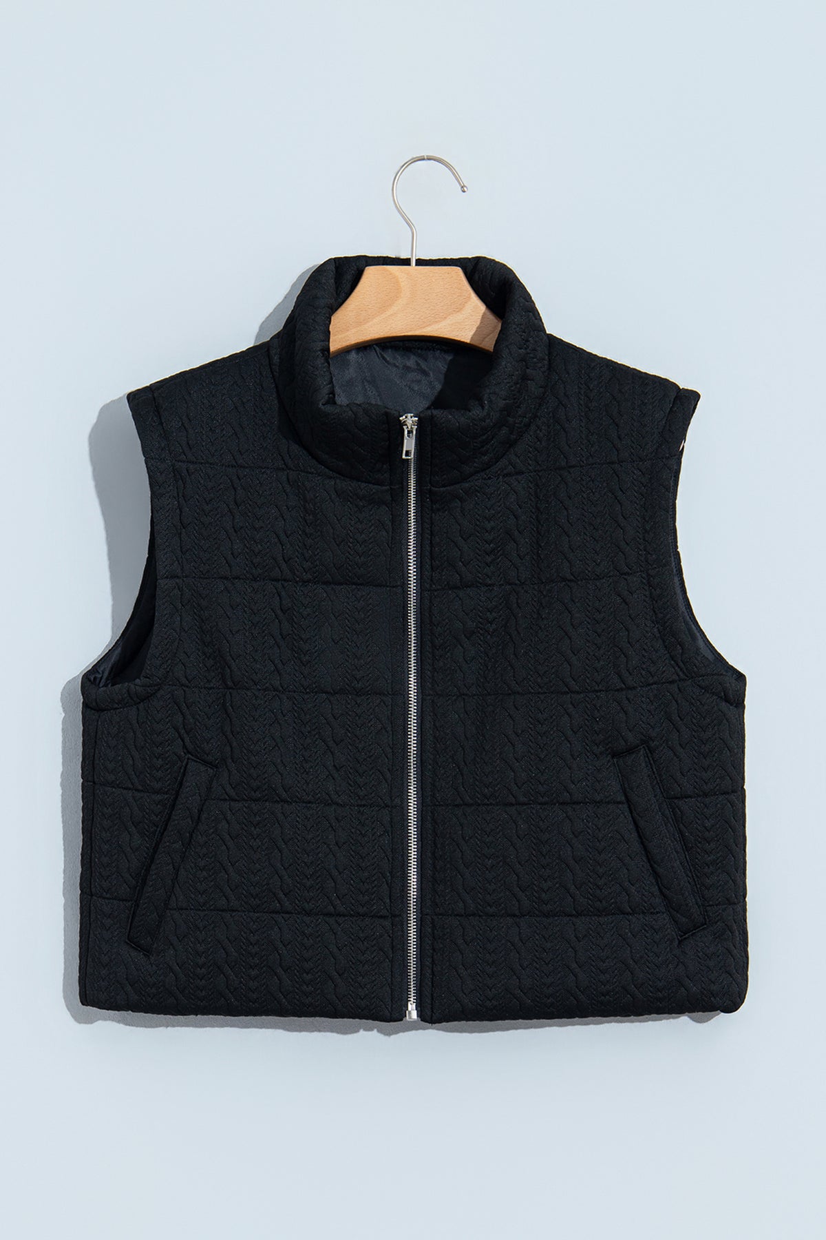 *Black Textured Quilted Stand Neck Zipper Winter Vest
