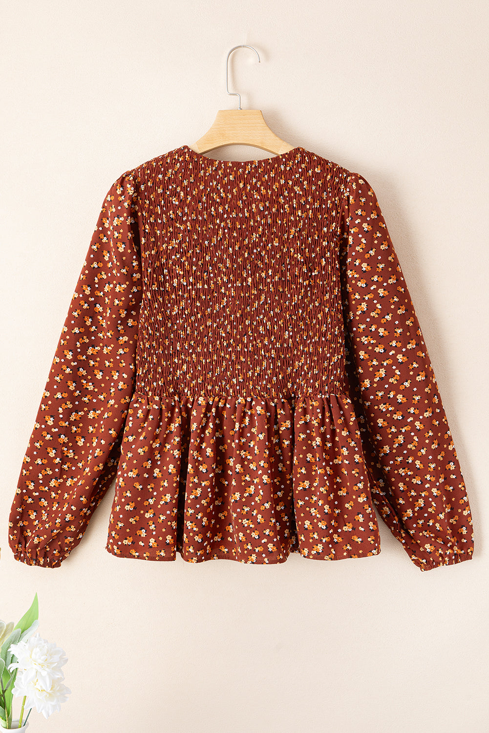 *Boho Floral Smocked Bust Ruffled Peplum Blouse