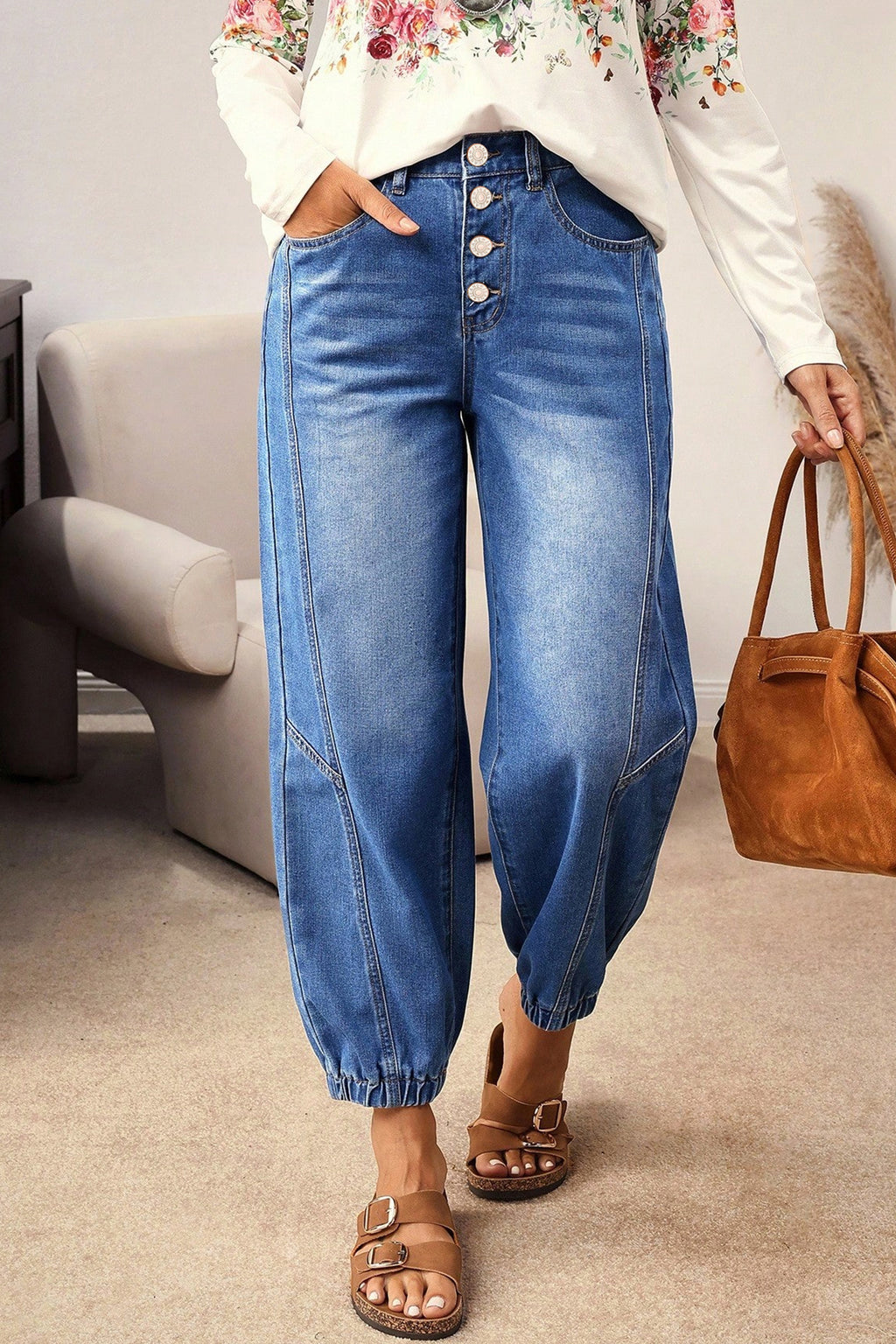 *Blue 4 Buttons Front Tapered Casual Loose Fit Jeans