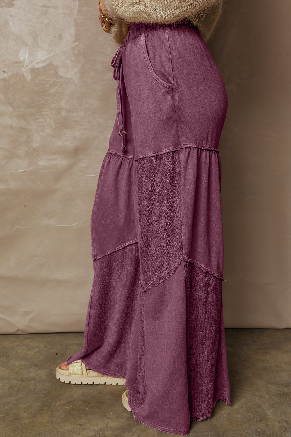 *Black Mineral Wash Tiered Wide Leg Patchwork Drawstring Pants