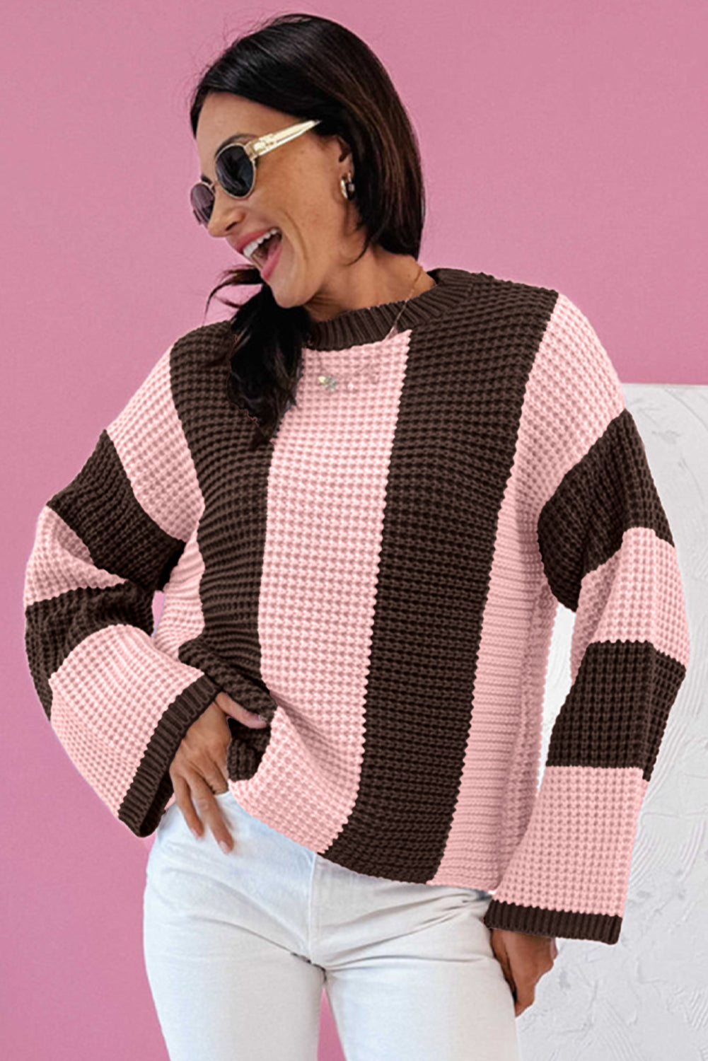 *Myosotis Striped Color Block Thermal Textured Knit Drop Shoulder Sweater