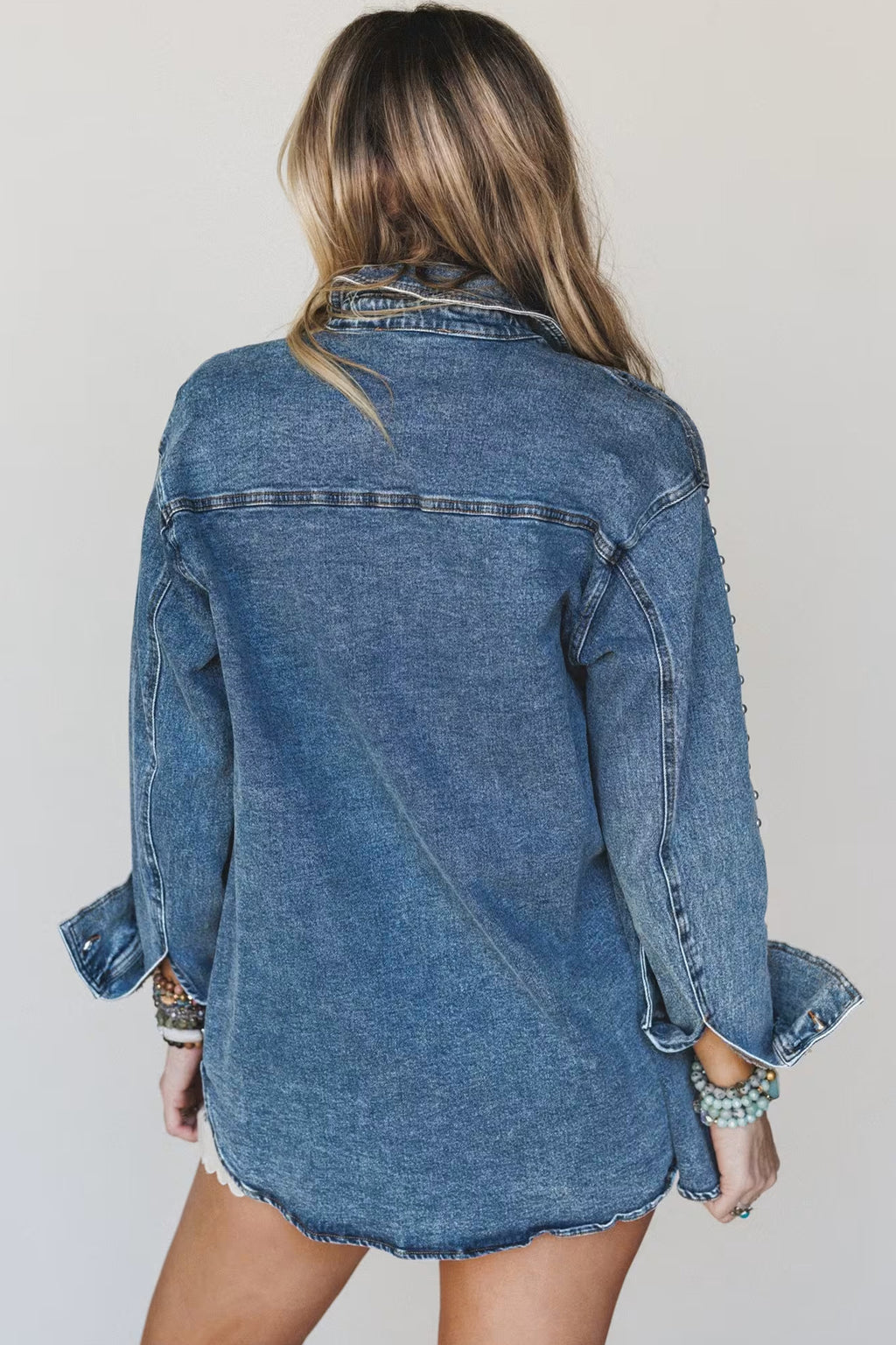 *Sail Blue Rivet Embellished Western Style Regular Fit Long Sleeve Denim Jacket