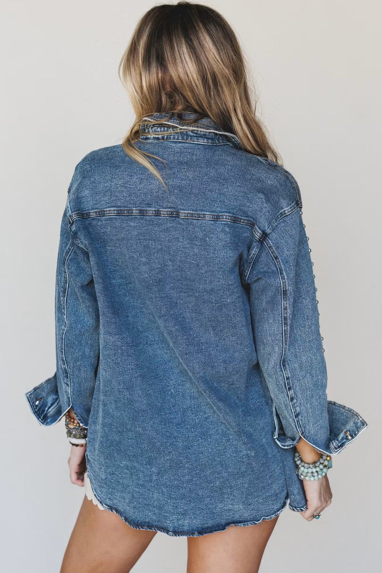 *Sail Blue Rivet Embellished Western Style Regular Fit Long Sleeve Denim Jacket