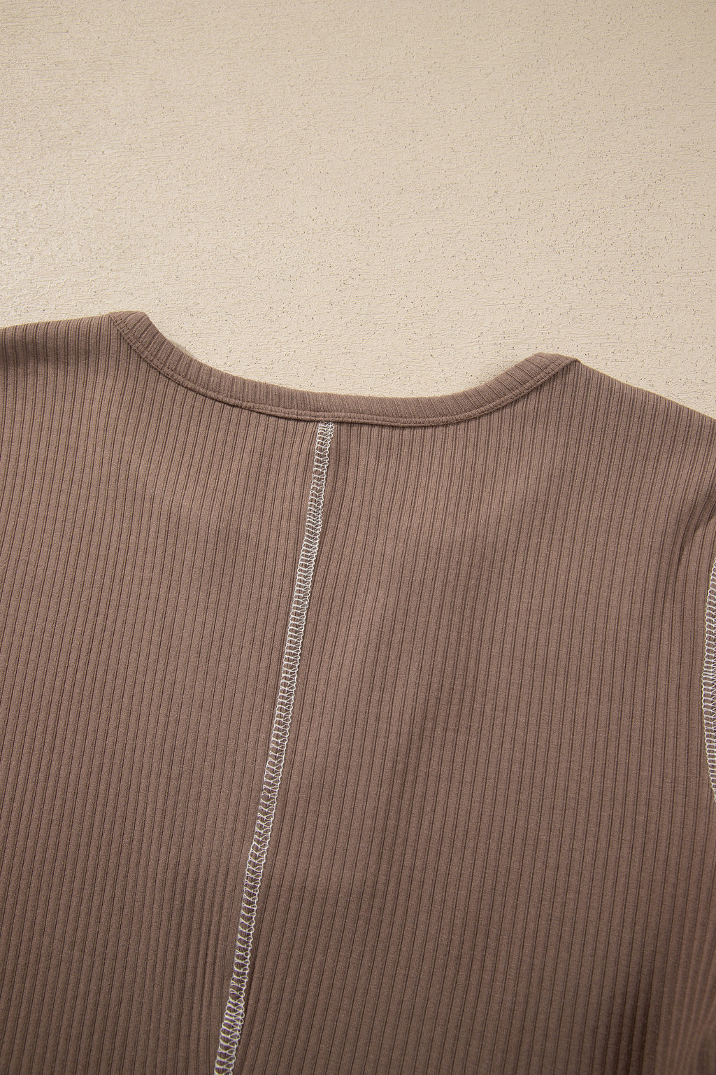 *Dark Khaki V Neck Ribbed Stitched Detail Long Sleeve Top