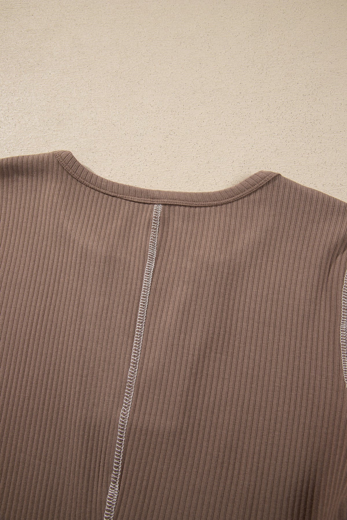 *Dark Khaki V Neck Ribbed Stitched Detail Long Sleeve Top