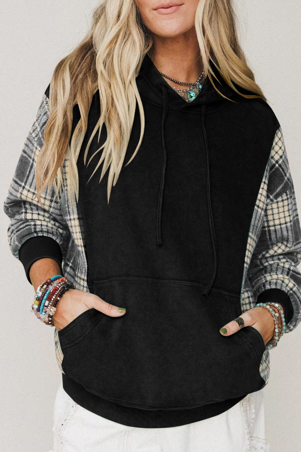 *Black Plaid Sleeve Drawstring Pocket Hooded Sweatshirt