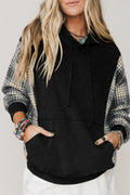 *Black Plaid Sleeve Drawstring Pocket Hooded Sweatshirt