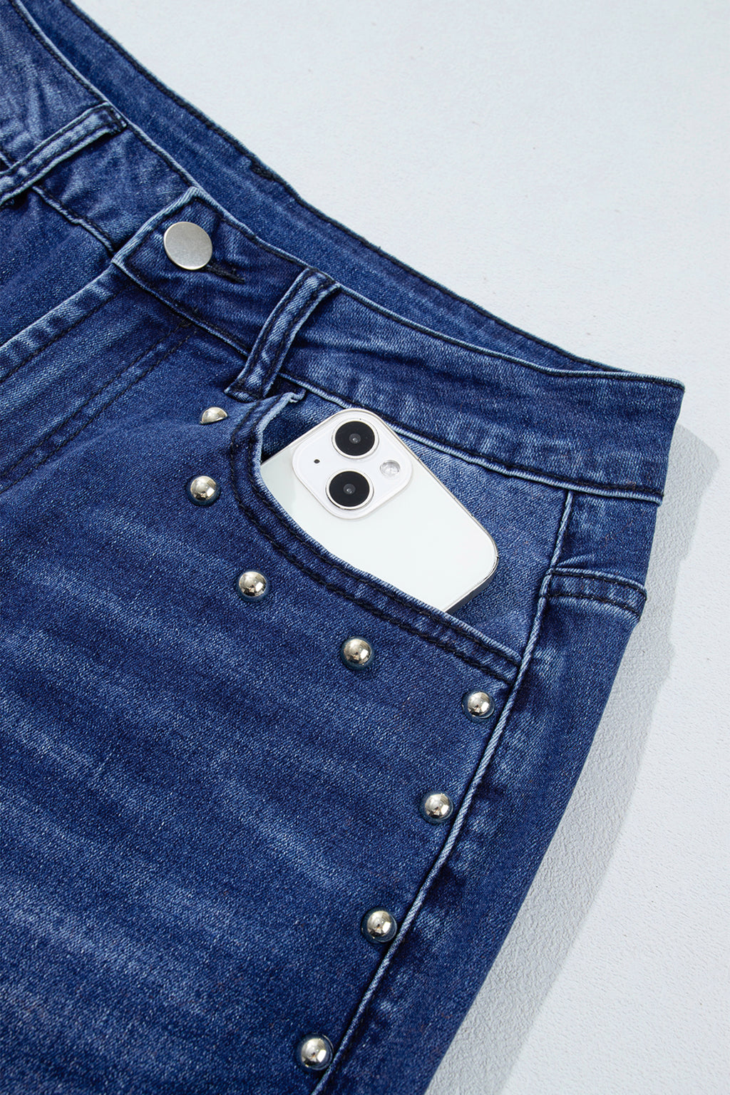 *Navy Blue Studded Detail Straight Leg Casual Loose Jeans