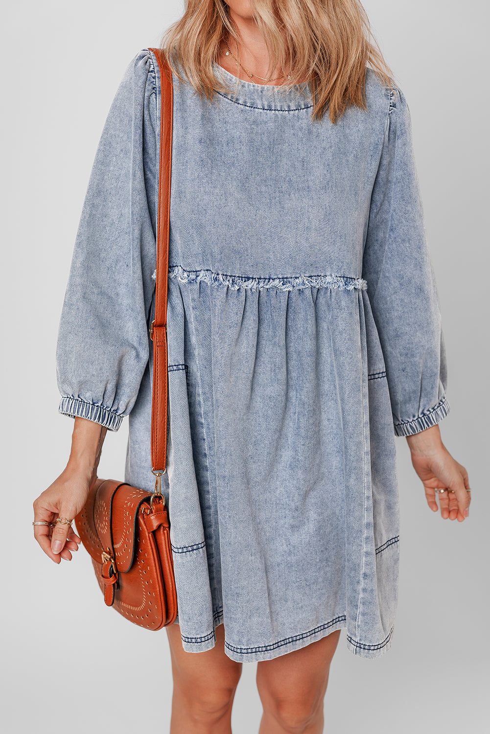 *Beau Blue Light Wash High Waist Loose Fit Denim Mini Dress