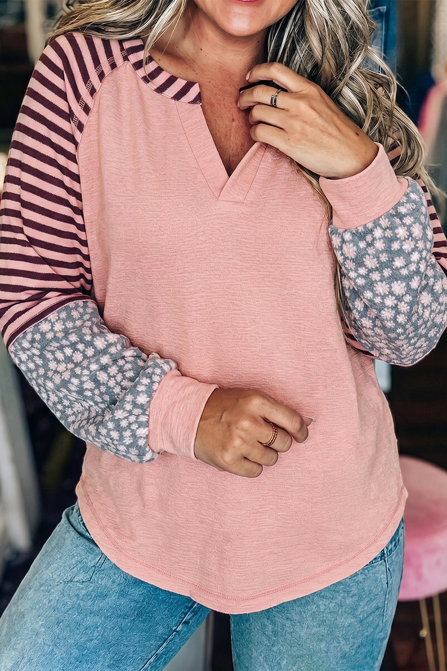 Light Pink V Neck Colorblock Patchwork Striped Floral Long Sleeve Casual Top