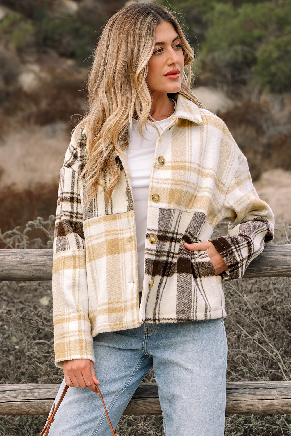 *Multicolour Plaid Patchwork Side Pockets Buttoned Shacket