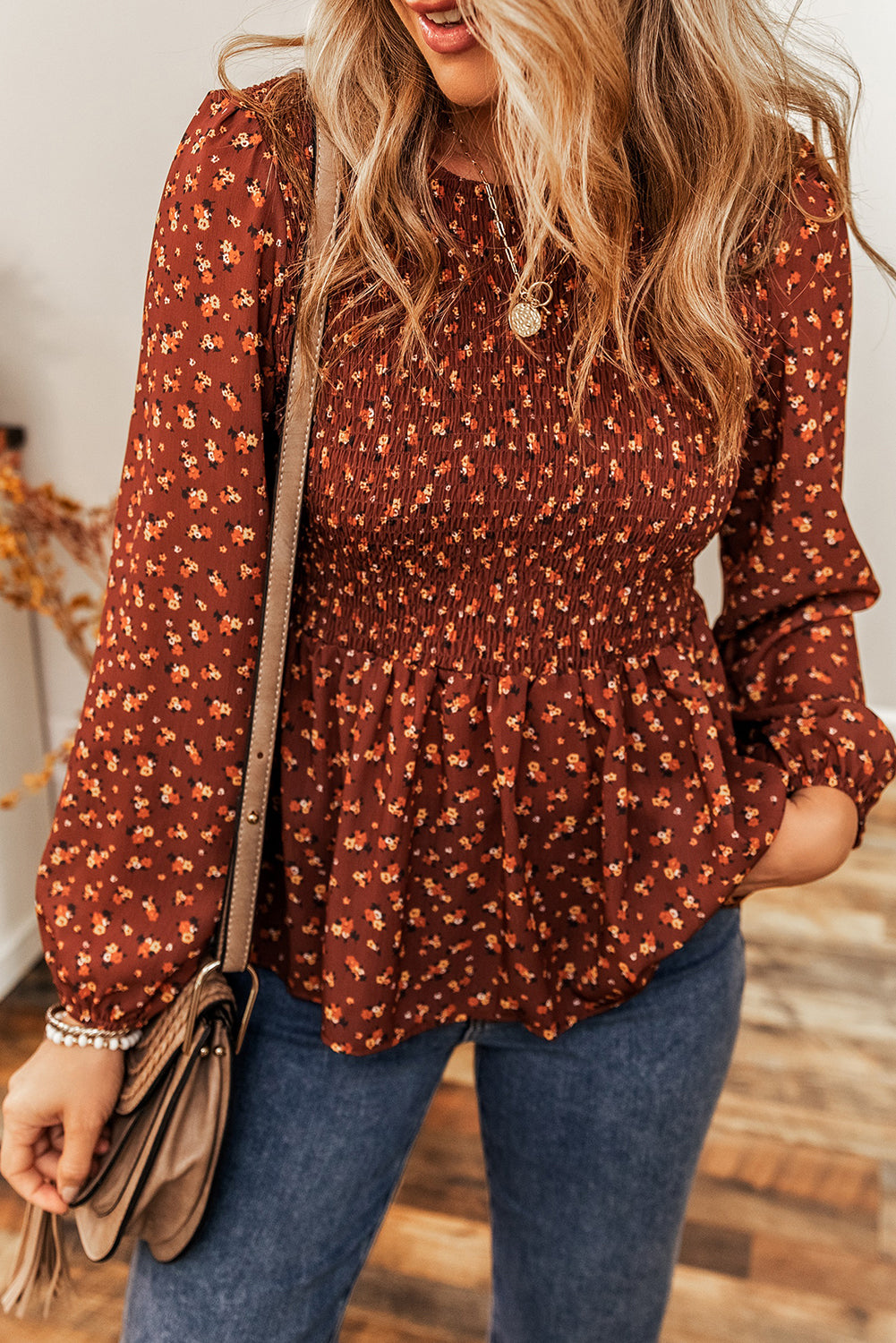 *Boho Floral Smocked Bust Ruffled Peplum Blouse