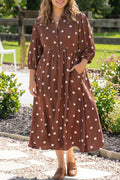 *Brown Polka Dot V Neck Abdomen Pocket Gathered Cuffs Long Sleeve Shift Plus Size Dress