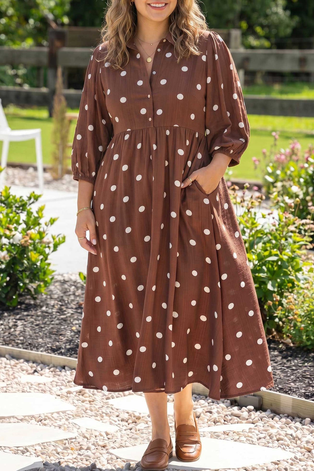 *Brown Polka Dot V Neck Abdomen Pocket Gathered Cuffs Long Sleeve Shift Plus Size Dress