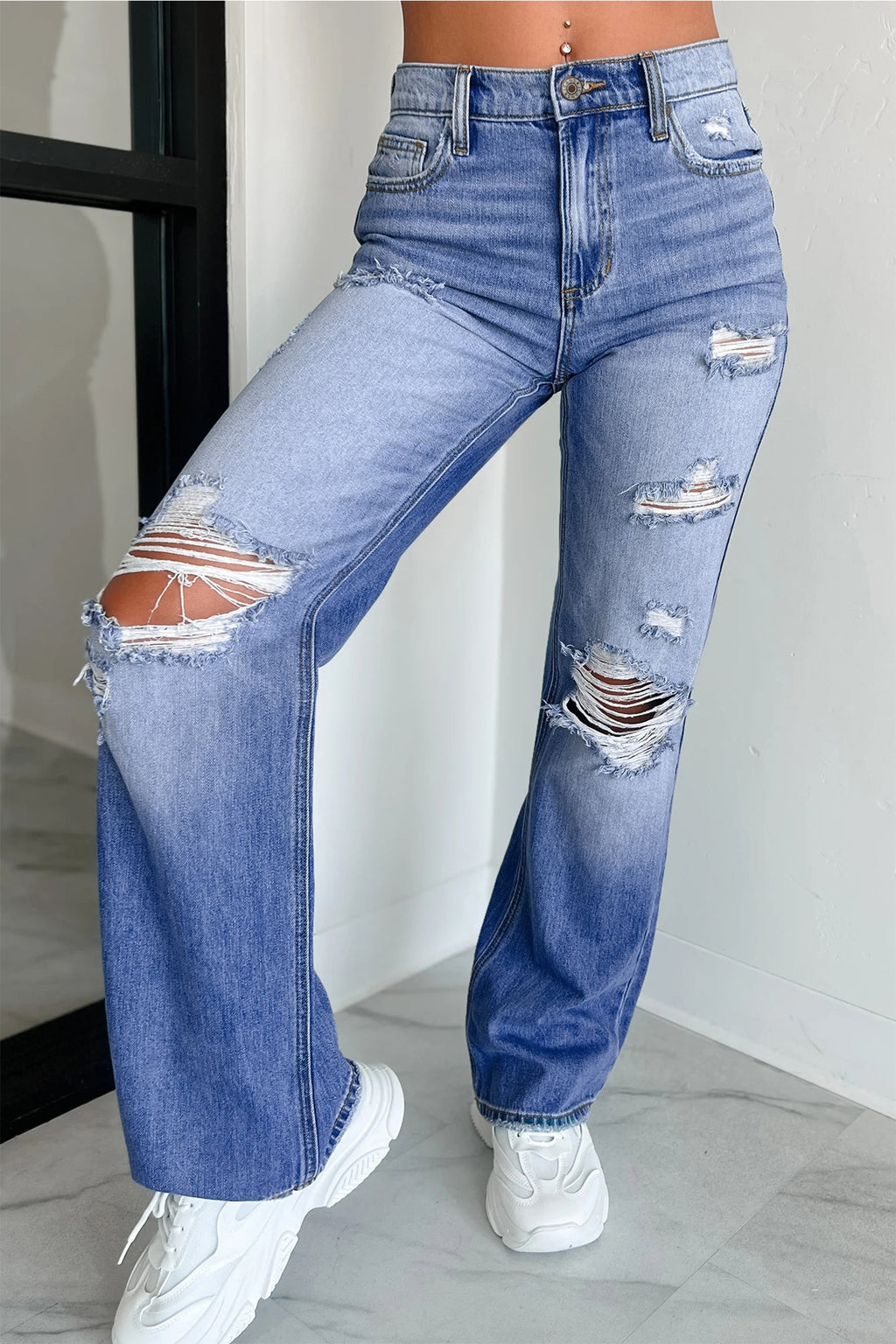 *Myosotis Mid Rise Distressed Sneak Peek Straight Leg Jeans