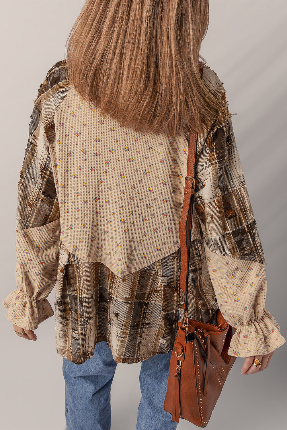 *Oatmeal Boho Floral Plaid Patchwork Distressed Detail Ruffled Sleeve Waffle Knit Shacket