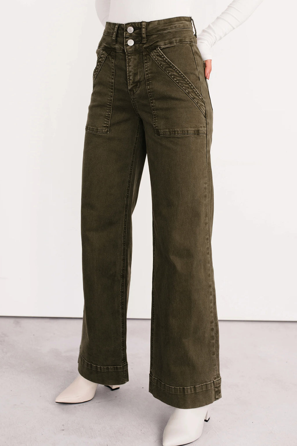 *Jungle Green Double Waistband Loose Straight Jeans