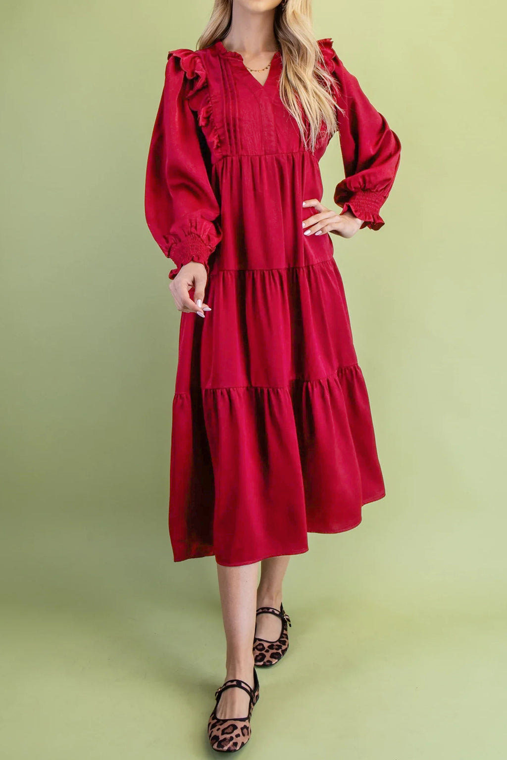 *Racing Red Solid Color Ruffle Trim Long Sleeve Tiered Shift Midi Dress