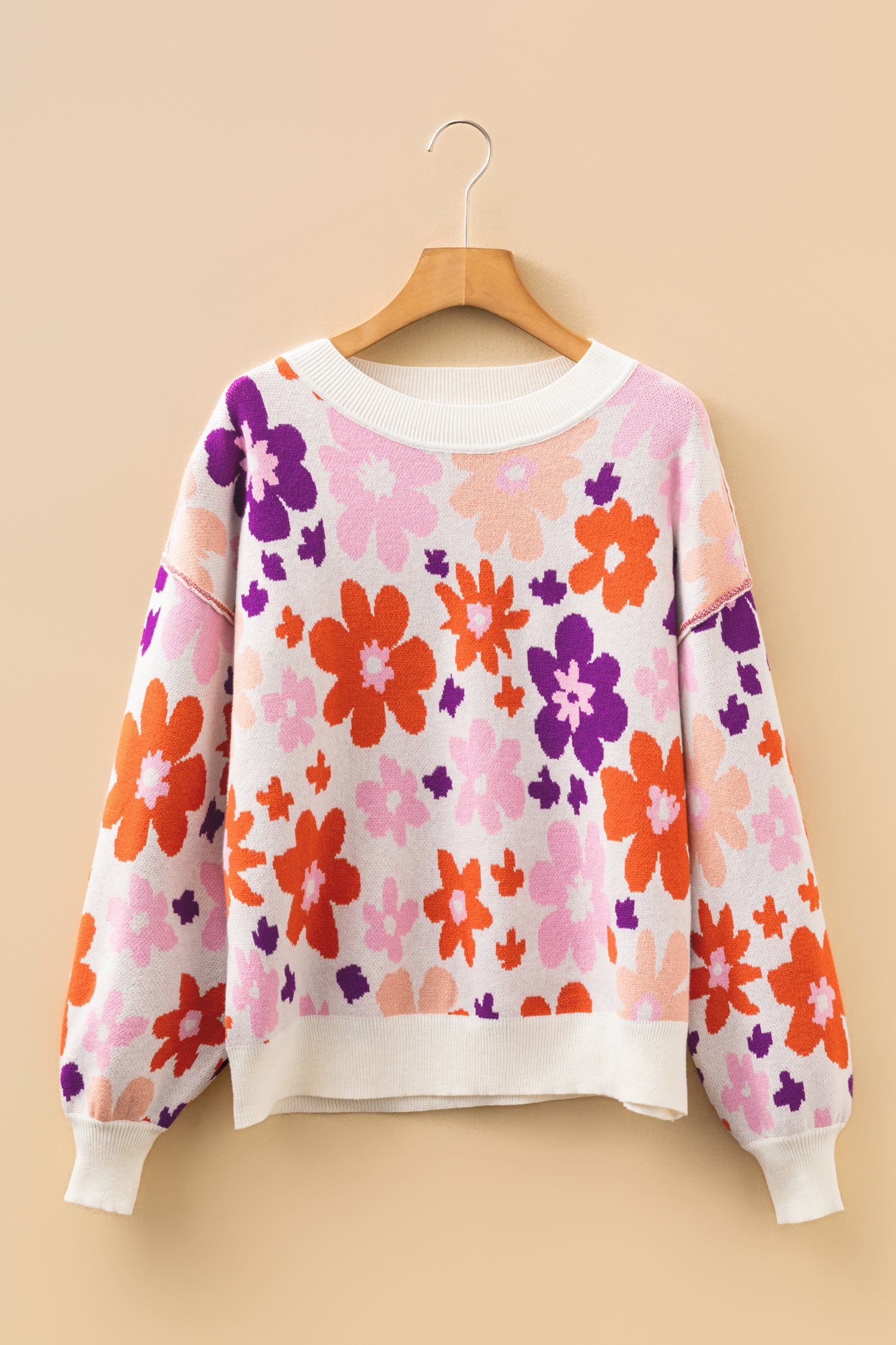 *Khaki Fall Floral Pattern Drop Shoulder Sweater