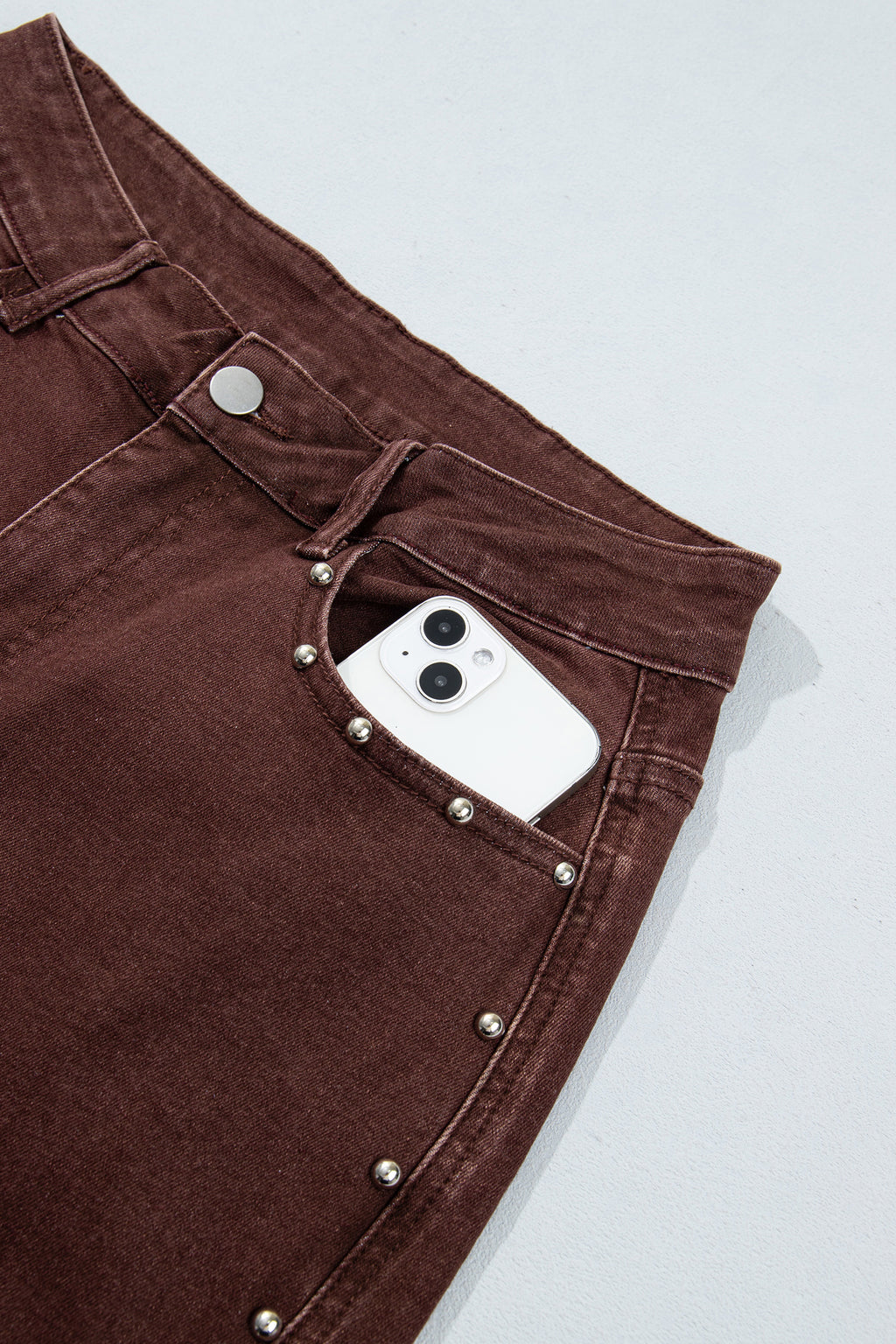 *(2 colors) Coffee Side Seam Rivet Detail Ankle Length Casual Jeans