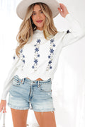 *White Floral Embroidered Scallop Hem Cropped Sweater