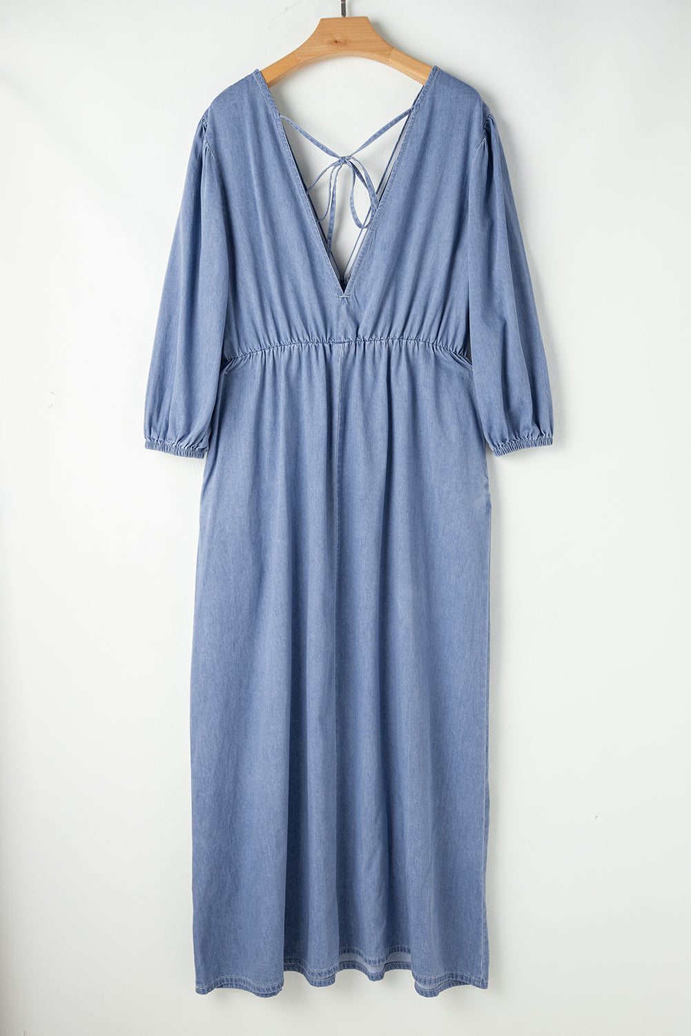 *Myosotis Chambray Deep V Neck Bracelet Sleeve Maxi Dress