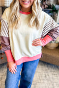 *White Color Block Striped Patchwork Dolman Slit Sweatshirt