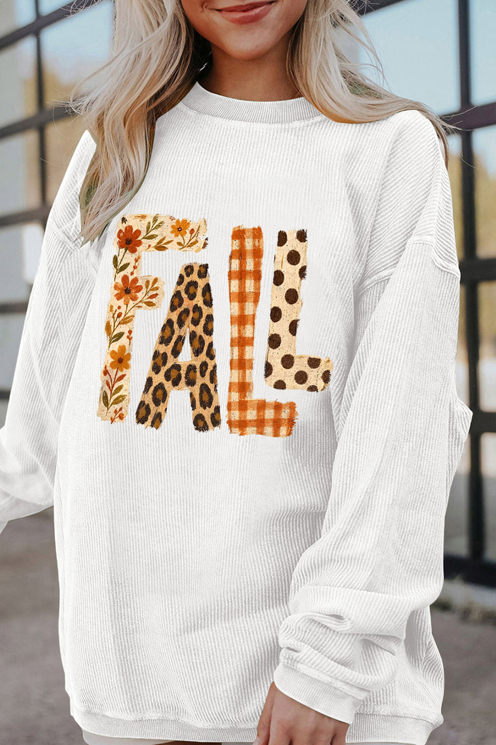 *White Fall Letter Pattern Graphic Customized Corded Sweatshirt
