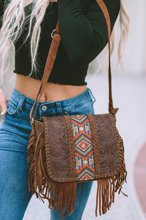 Coffee Western Aztec Bohemian Tassel PU Leather Bag