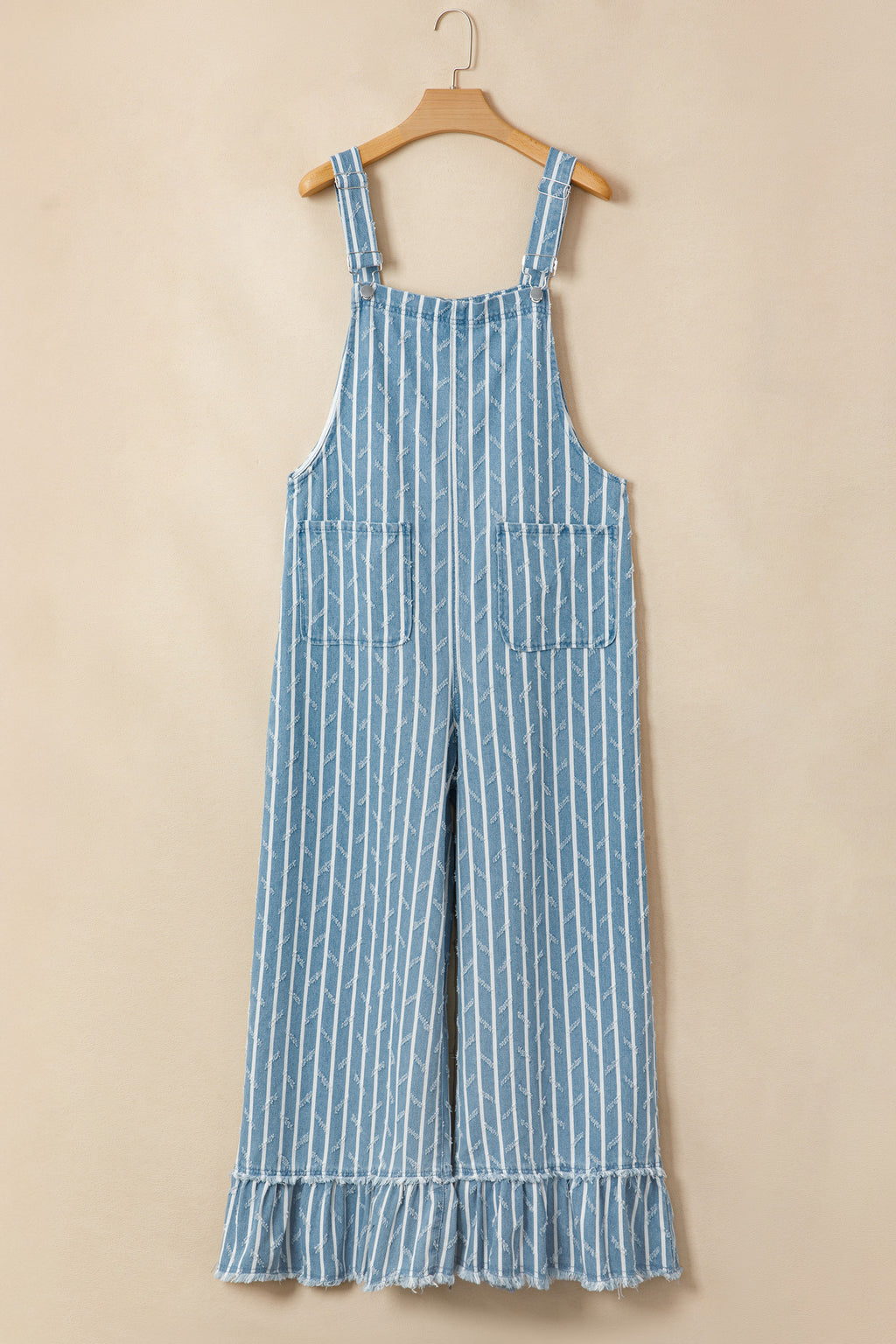 *Myosotis Striped Distressed Ruffled Wide Leg Denim Overalls