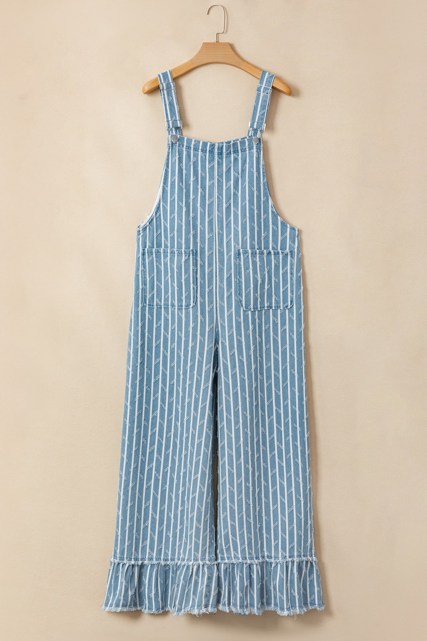 *Myosotis Striped Distressed Ruffled Wide Leg Denim Overalls