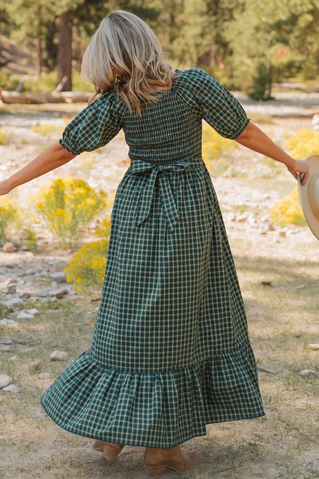 *Green Plaid Square Neck Shirred High Waist Ruffle Hem Dress
