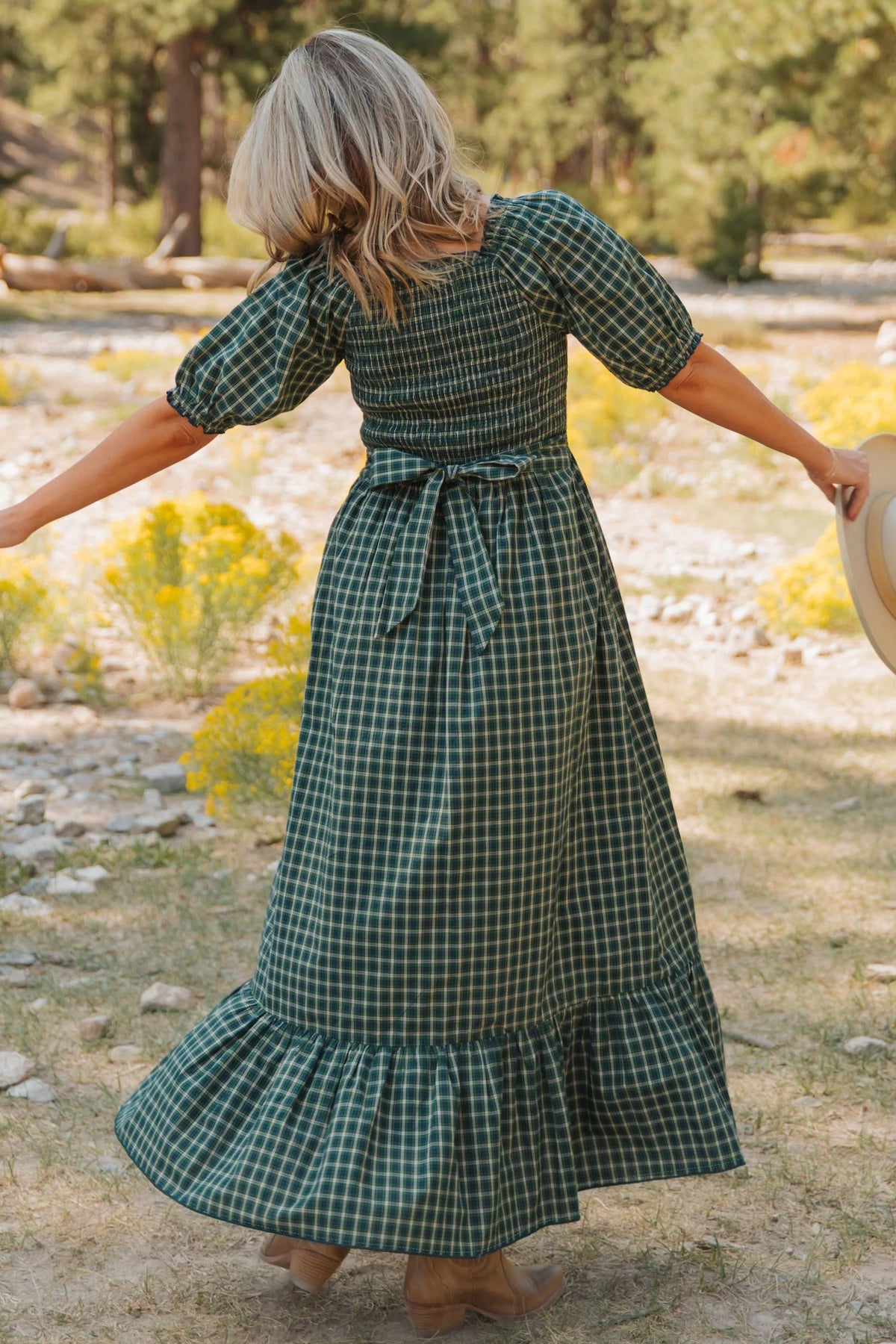 *Green Plaid Square Neck Shirred High Waist Ruffle Hem Dress