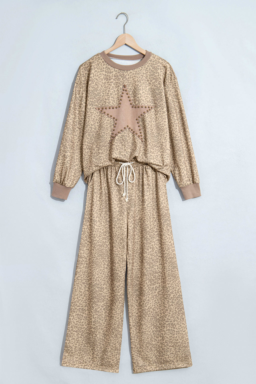 *Khaki Leopard Star Print Long Sleeve Loose Casual Two Piece Pants Set
