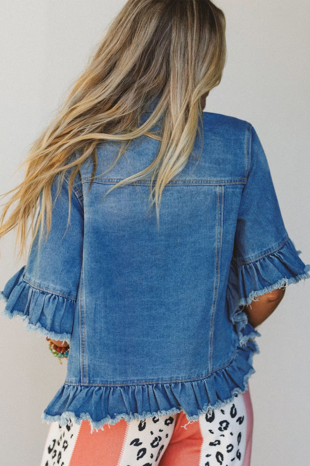 *Blue Ruffle Hem Raw Edge Half Sleeve Western Denim Jacket